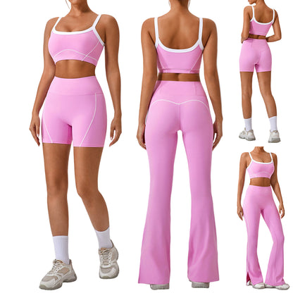 Women’s Contrast Color Yoga Set – Spaghetti Strap Sports Bra & High-Waist Fitness Outfit