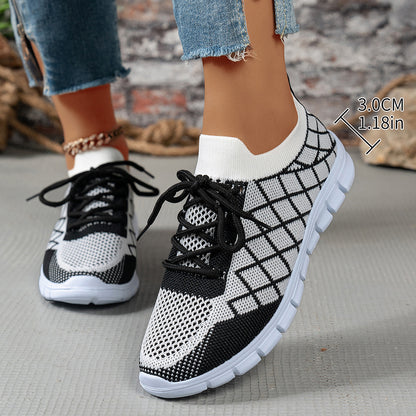 Women's Color block Plaid Fly knit Sneakers – Breathable Lace-Up Mesh Running & Walking Shoes