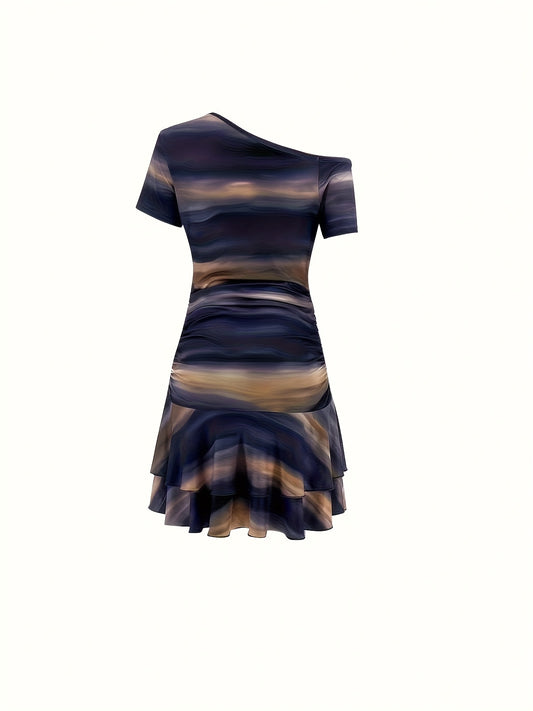 Elegant Asymmetric Single Shoulder Marble Print Dress