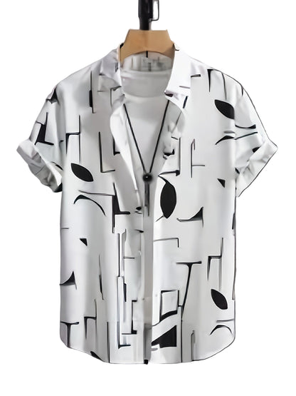 New Men's Casual Abstract Geometric Print, Button-Up Collar, Machine Washable Summer Shirt