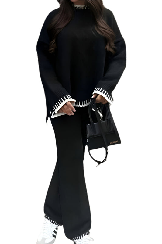 Women's 2-Piece Knitted Co-Ord Lounge Set – Stitched Detail Sweater & Pants Outfit