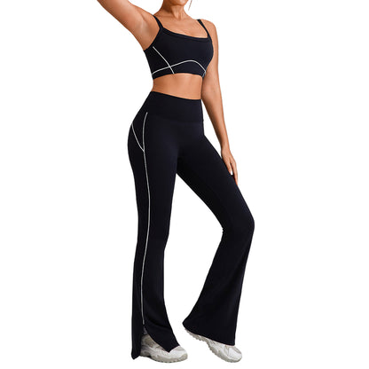 Women’s Contrast Color Yoga Set – Spaghetti Strap Sports Bra & High-Waist Fitness Outfit