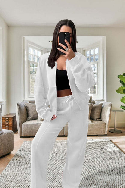 Women's Oversized Fleece Bomber Tracksuit  Zipper Jacket & Wide-Leg Pants Set