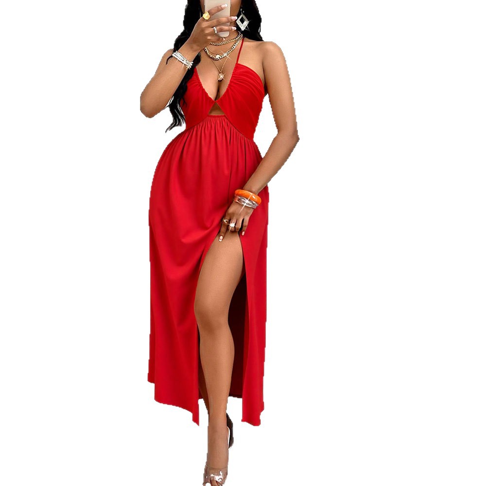 Sexy Halter Neck Drawstring V-Neck Dress for Women