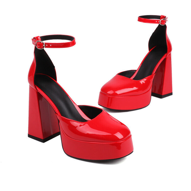European & American Style Patent Leather Platform High Heels – Round Toe, Waterproof, Thick Block Heel