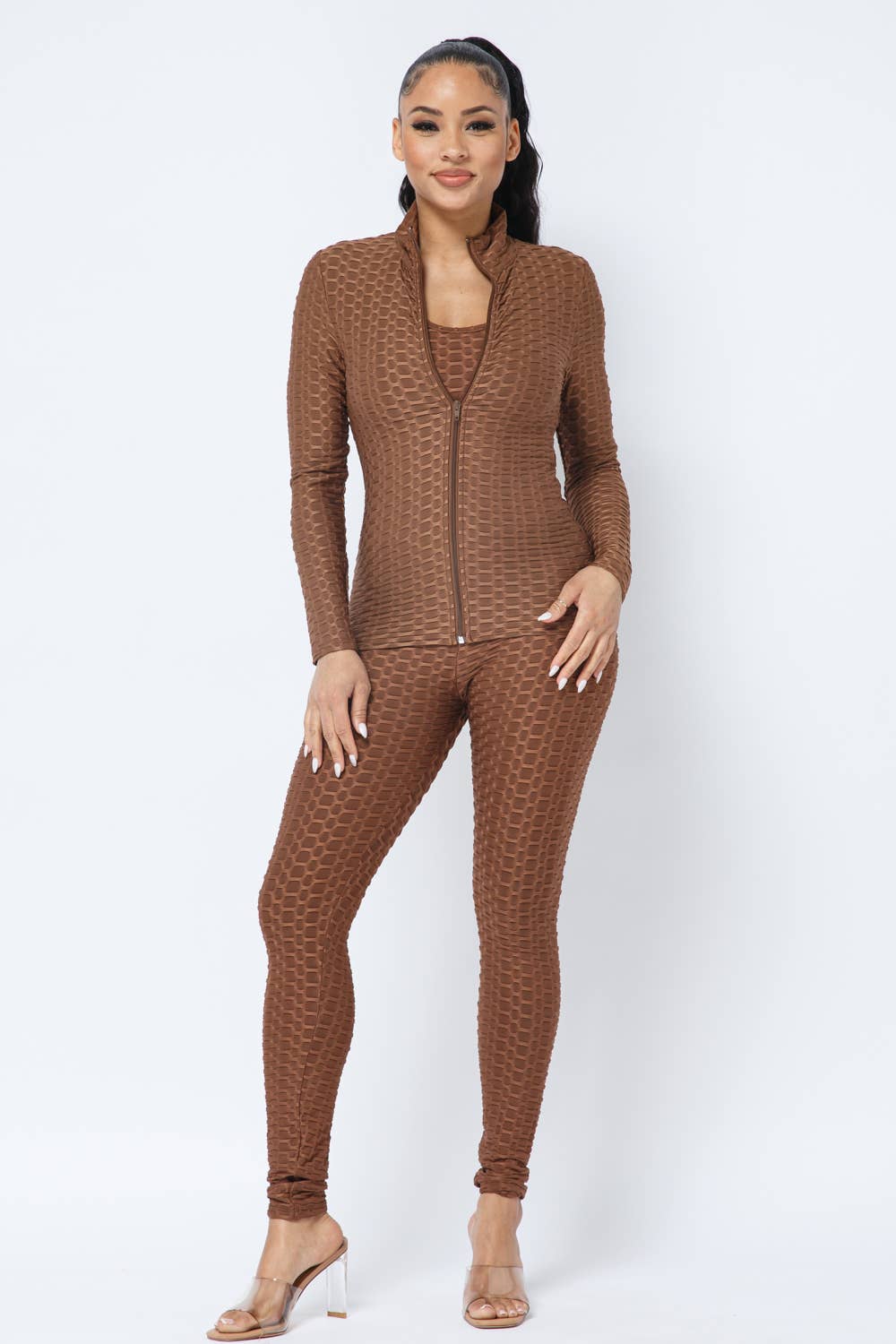 Honeycomb Cross Back Jumpsuit And Zipper Jacket Set