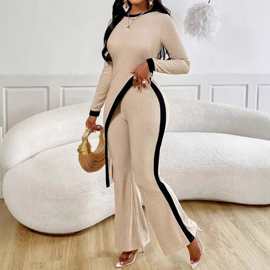 Women’s Long Sleeve Side Slit Top & Trousers Two-Piece Lounge Set