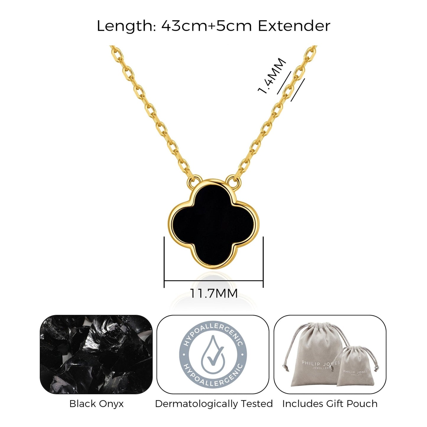 Gold Plated Black Onyx Gemstone Clover Necklace