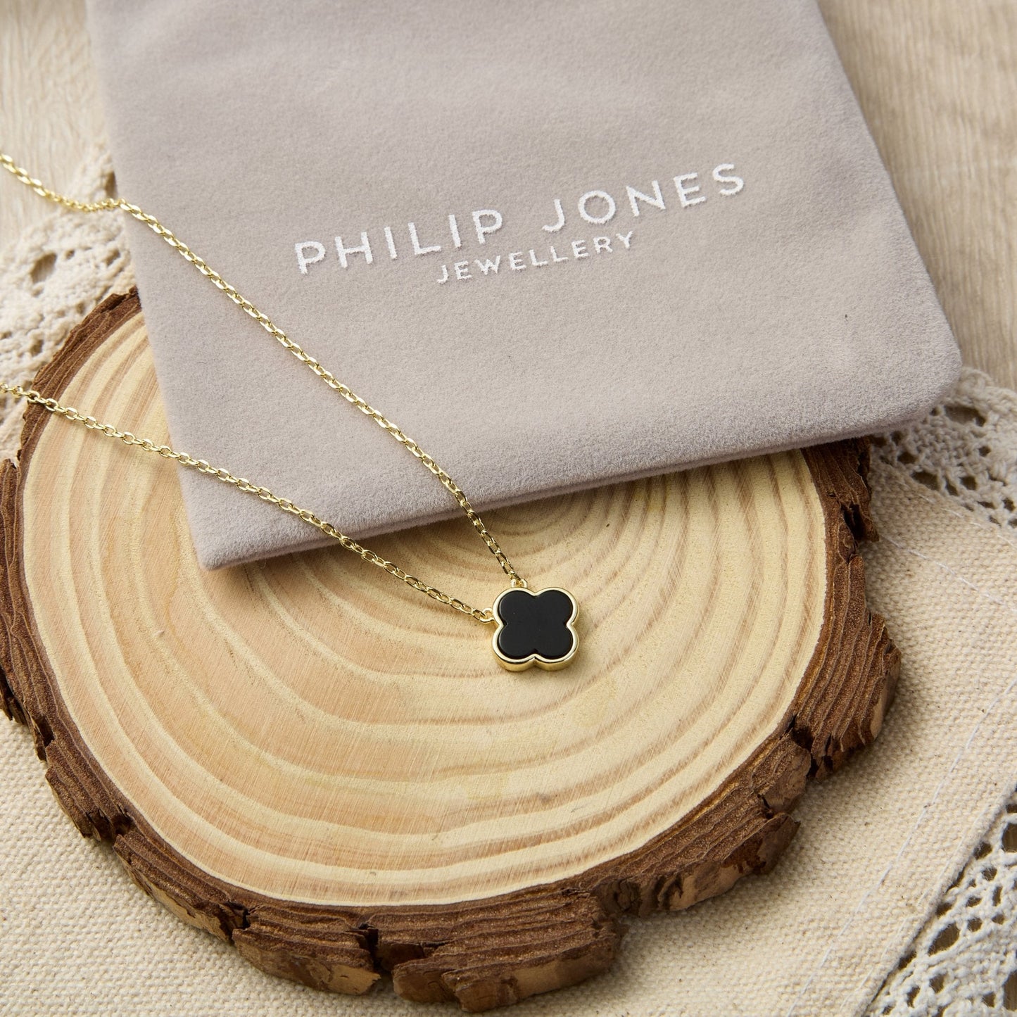 Gold Plated Black Onyx Gemstone Clover Necklace