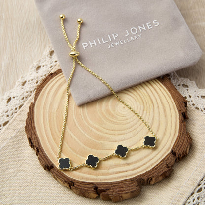 Gold Plated Black Onyx Multi Clover Friendship Bracelet