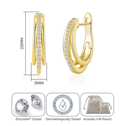 Gold Plated Triple Illusion Hoop Earrings Created with Zircondia® Crystals