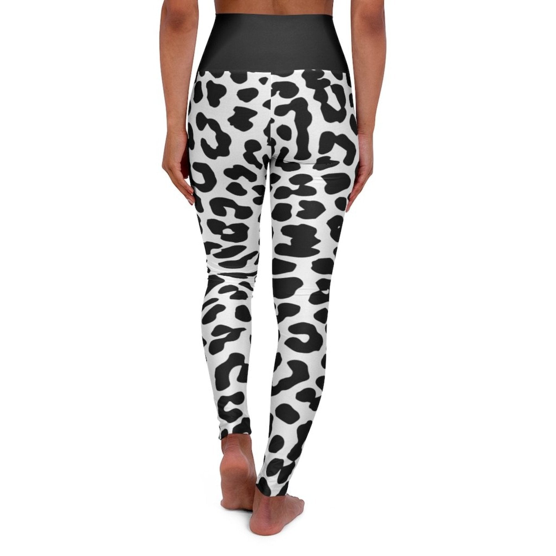 High Waisted Yoga Leggings, Black And White Two-Tone Leopard Style Pants-8