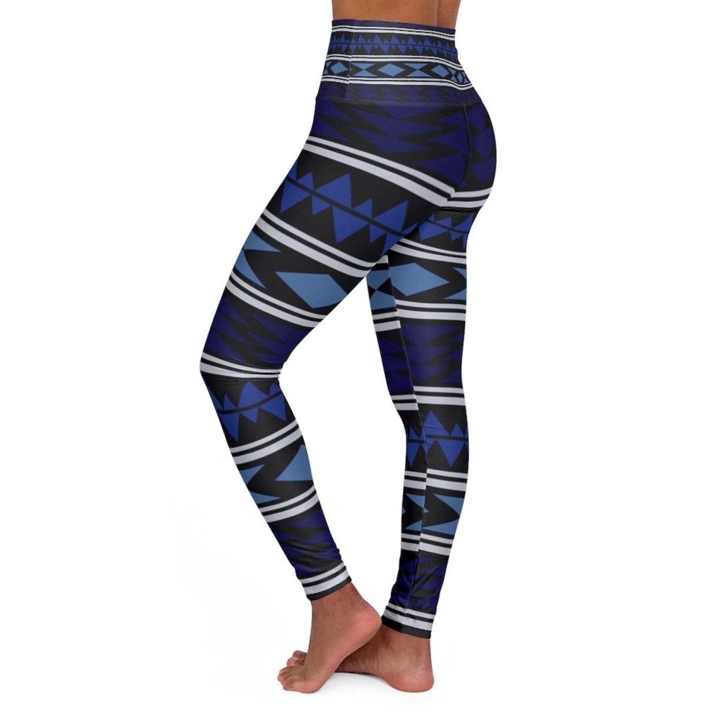 High Waisted Yoga Pants, Dark Blue Bohemian Style Sports Pants-9