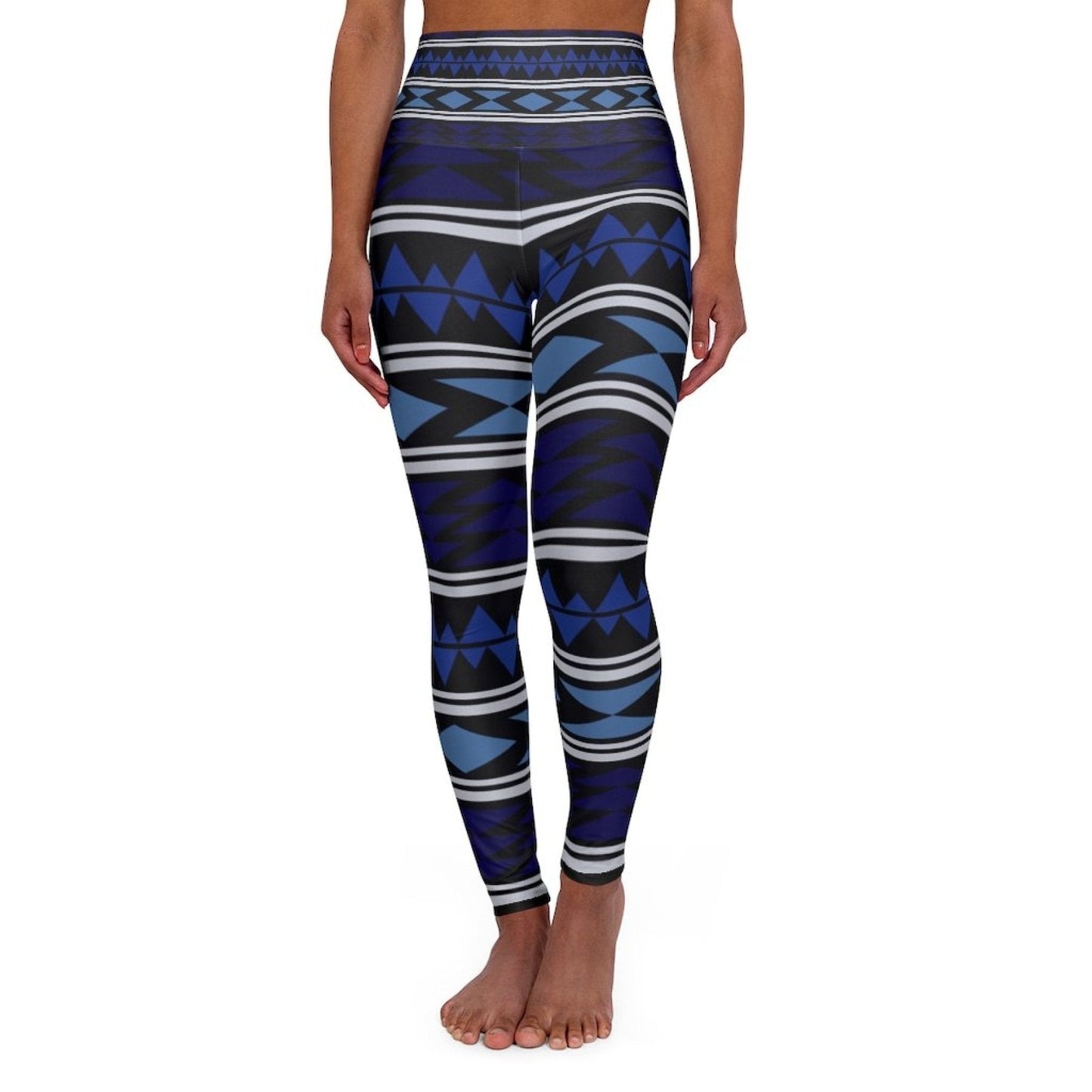 High Waisted Yoga Pants, Dark Blue Bohemian Style Sports Pants-7