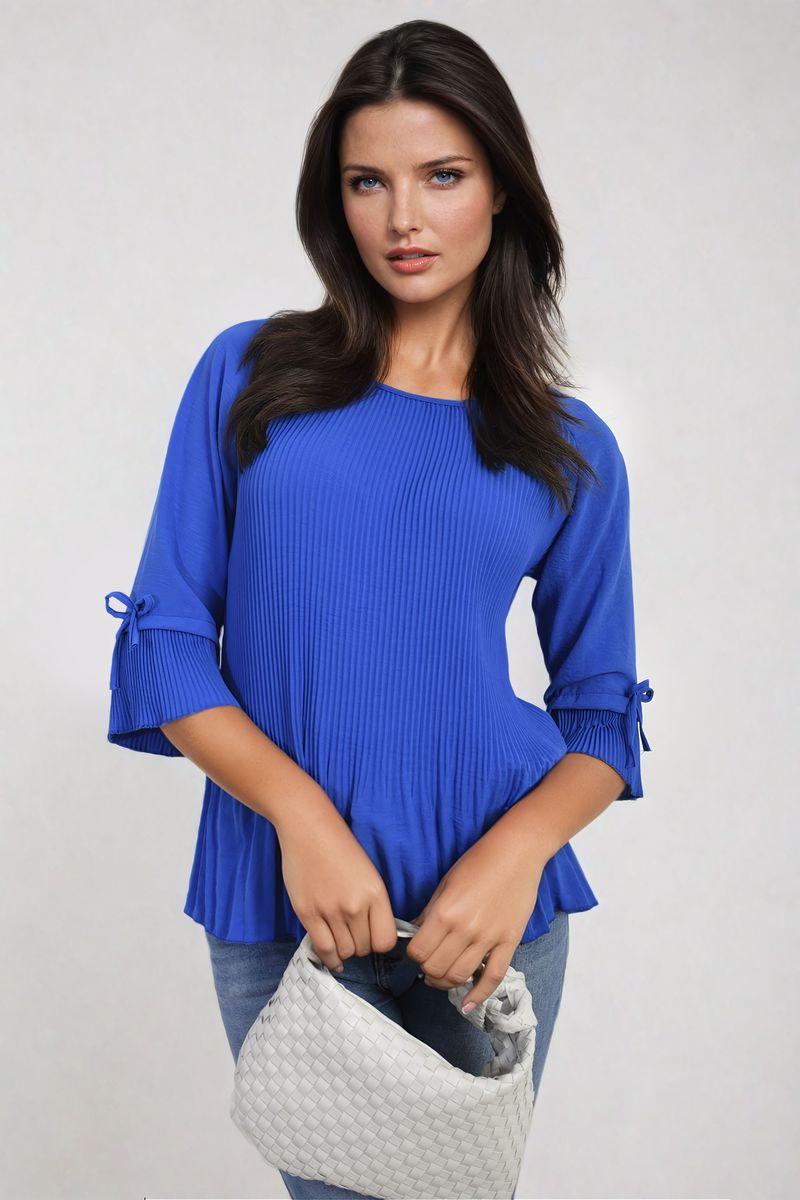 Plisse Pleated Short Bow Sleeve Top