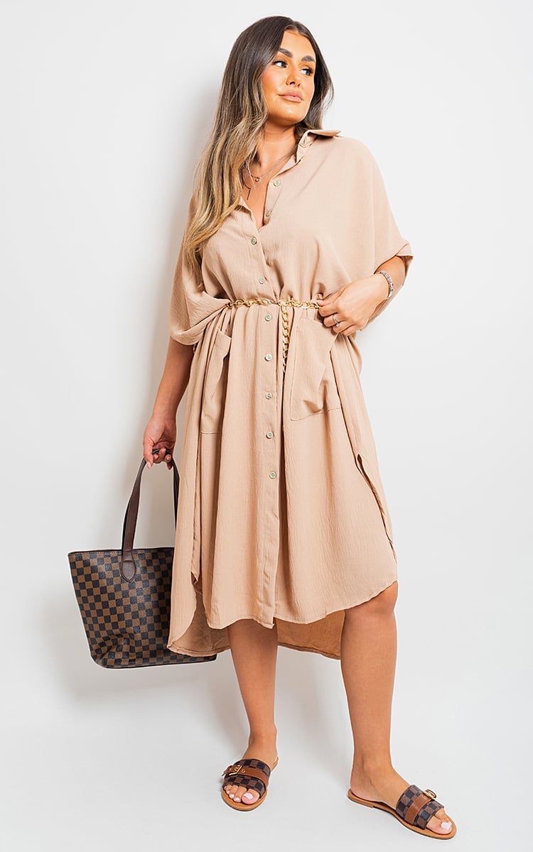 Button Down Collared Midi Dress with Two Front Pockets-5