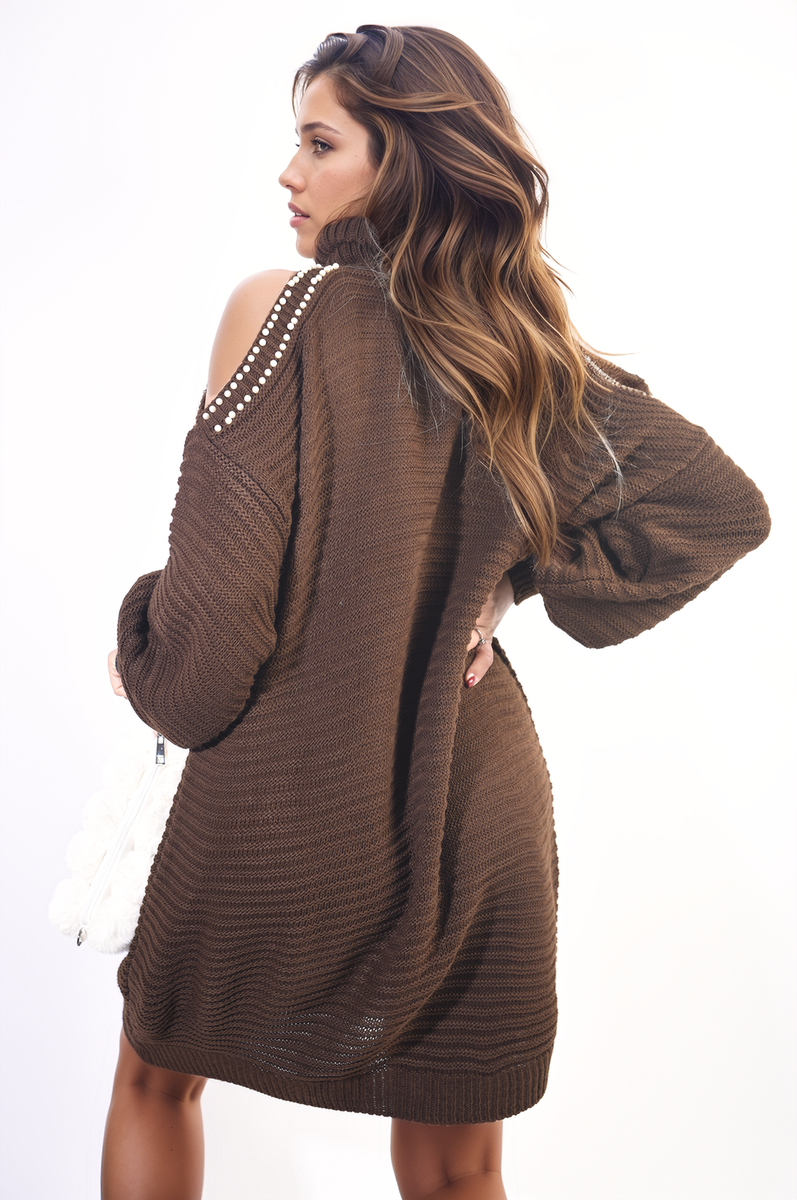 High Neck Oversized Open Shoulder Long Sleeve Knitted Jumper