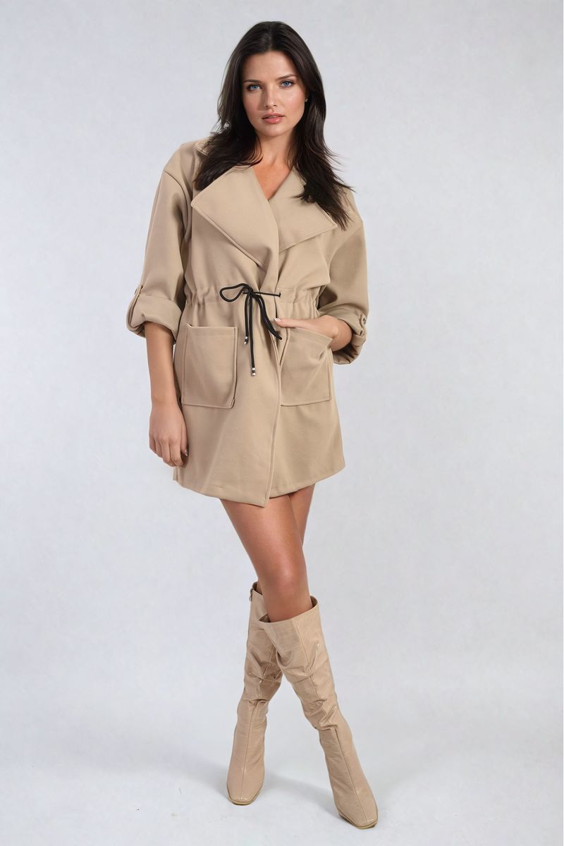 Roll Tab Sleeve Drawstring Waist Open Front Trench Coat Jacket