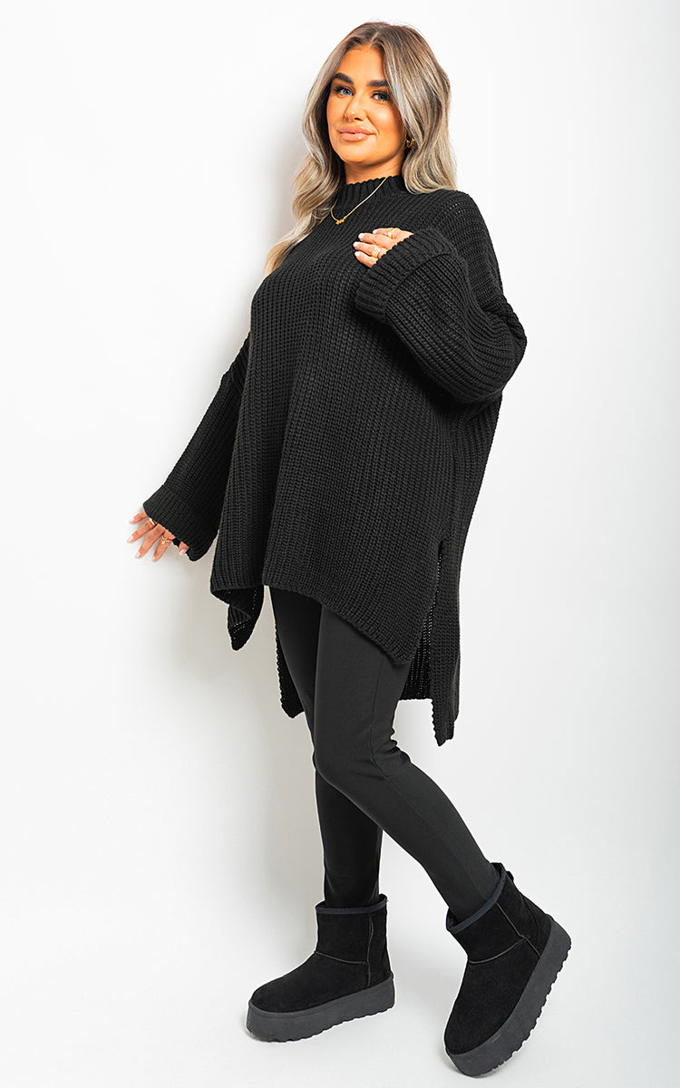 High Neck Oversized Long Sleeve Knitted Jumper-2