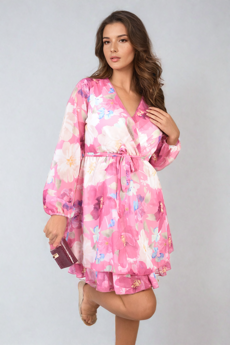 Floral Tie Front Tiered Mini Dress-4