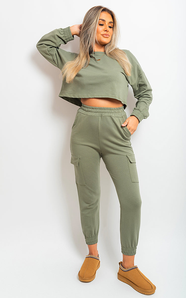 Cropped Long Sleeve Top and Cargo Joggers Co-ordinates-9