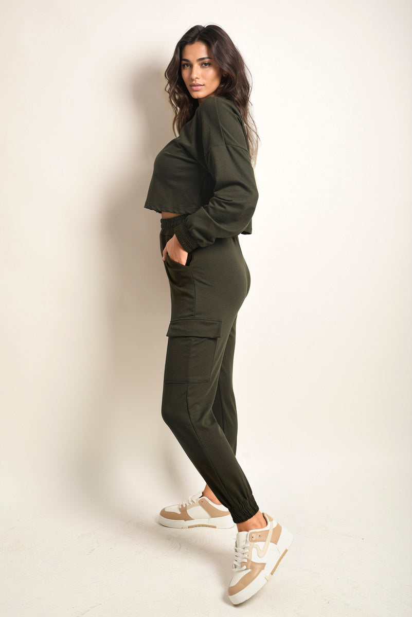 Cropped Long Sleeve Top and Cargo Joggers Co-ordinates-2