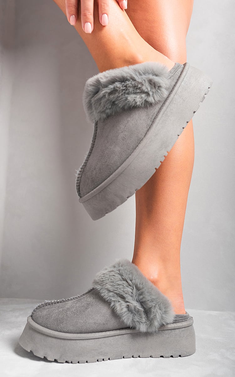 Faux Fur Trim Whisp Chunky Platform Slippers