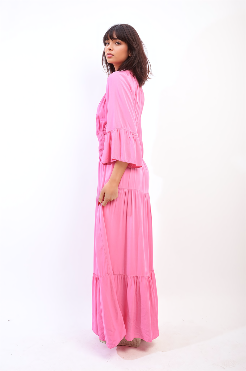 Ruffle Hem Sleeve Shirred Waist Tiered Maxi Dress-4