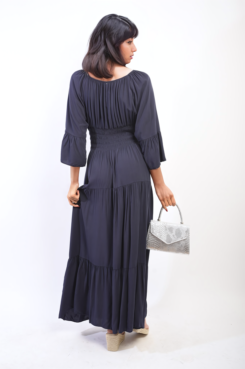 Ruffle Hem Sleeve Shirred Waist Tiered Maxi Dress-3