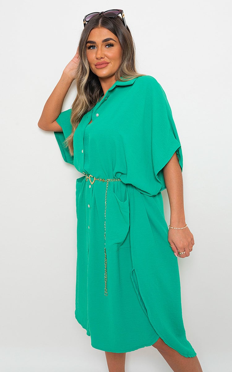 Button Down Collared Midi Dress with Two Front Pockets-9