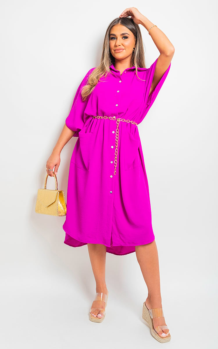 Button Down Collared Midi Dress with Two Front Pockets-13