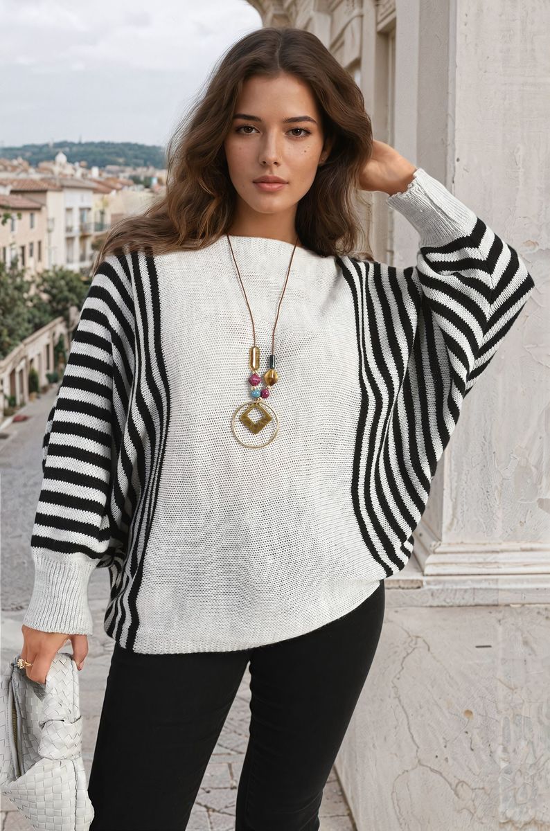 Striped Batwing Long Sleeve Knitted Jumper