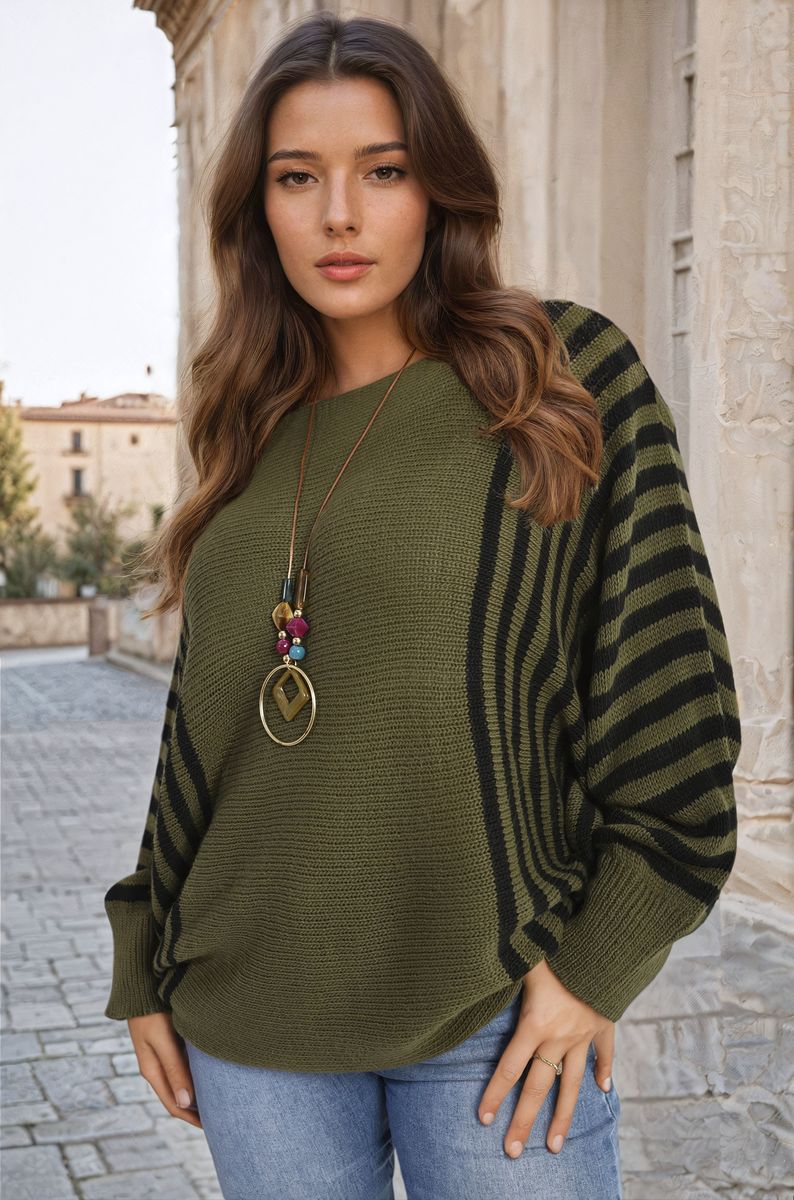 Striped Batwing Long Sleeve Knitted Jumper