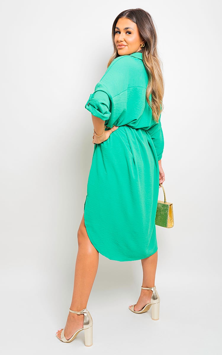 Button Down Pull Up Sleeve Midi Dress with Front Pocket-5