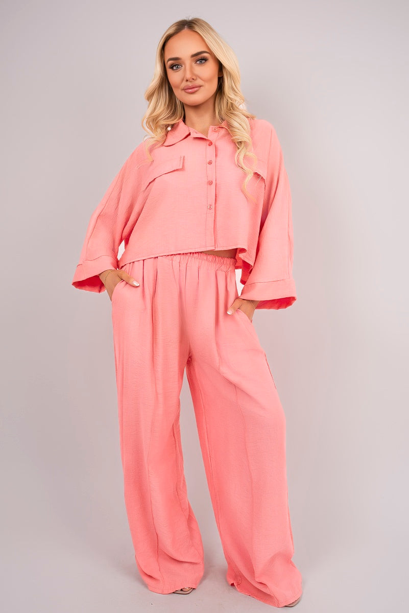 Oversized Long Sleeve Crop Top & Wide Leg Trouser Co-ord Set