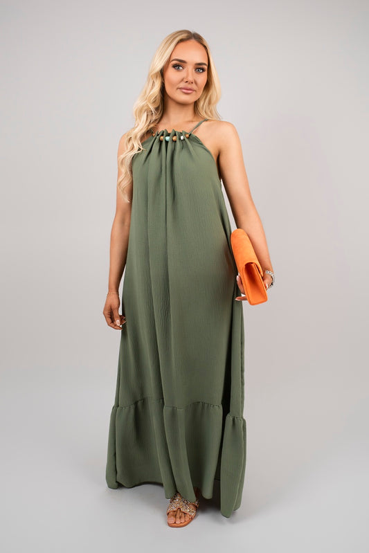 Sleeveless Beaded Halter Neck Maxi Dress with Tiered Hem