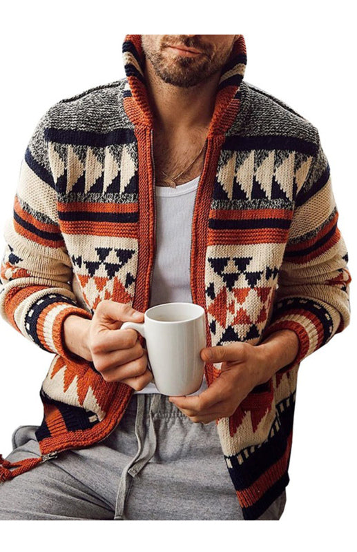 Men’s Embroidered Stand Collar Zip Sweater – Long Sleeve Lapel Knit Outerwear