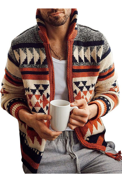 Men’s Embroidered Stand Collar Zip Sweater – Long Sleeve Lapel Knit Outerwear