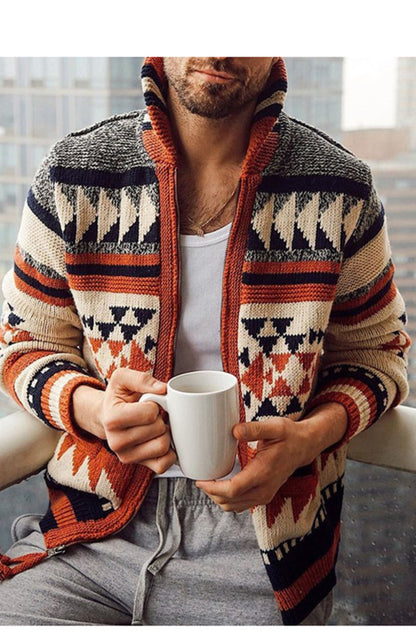 Men’s Embroidered Stand Collar Zip Sweater – Long Sleeve Lapel Knit Outerwear