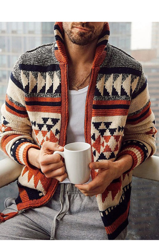 Men’s Embroidered Stand Collar Zip Sweater – Long Sleeve Lapel Knit Outerwear