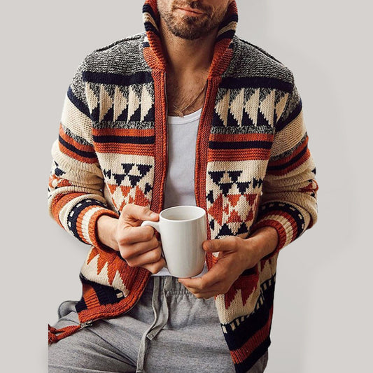 Men’s Embroidered Stand Collar Zip Sweater – Long Sleeve Lapel Knit Outerwear