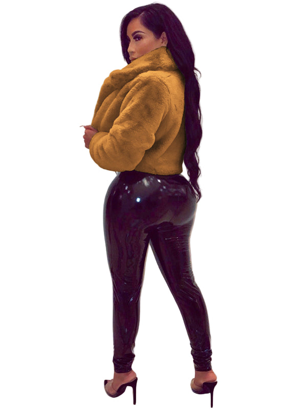 Women’s Faux Leather Lapel Short Jacket – Chic Cropped Biker Style