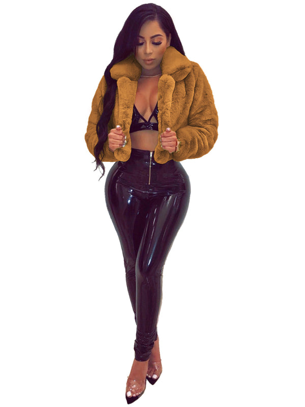 Women’s Faux Leather Lapel Short Jacket – Chic Cropped Biker Style