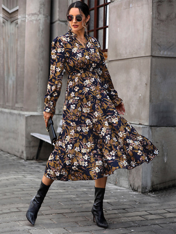 Women's new V-neck waist long-sleeved printed dress