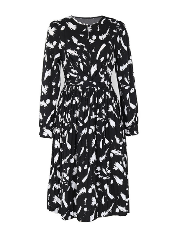 Women's new temperament printed black long-sleeved dress