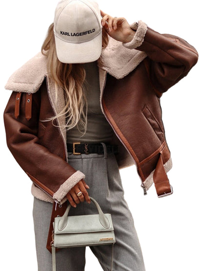 Women’s Lapel Lamb Wool Jacket – Streetwear Motorcycle Style