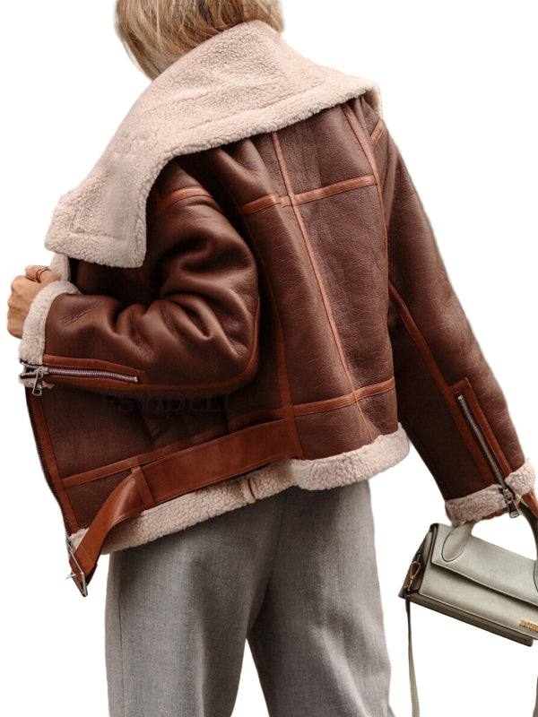 Women’s Lapel Lamb Wool Jacket – Streetwear Motorcycle Style