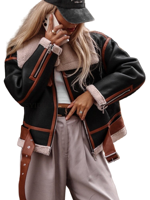 Women’s Lapel Lamb Wool Jacket – Streetwear Motorcycle Style