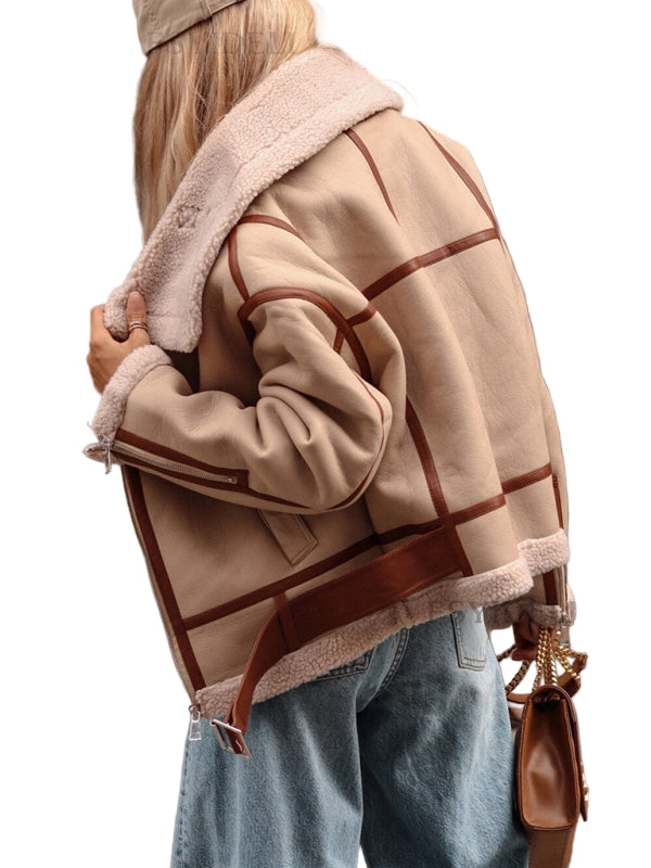 Women’s Lapel Lamb Wool Jacket – Streetwear Motorcycle Style