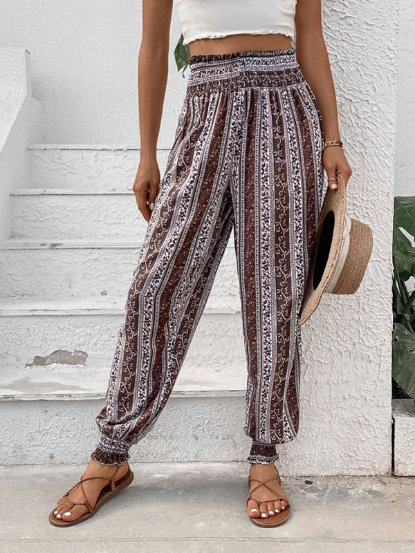 Women's new elastic trousers ethnic style high waist printed trousers